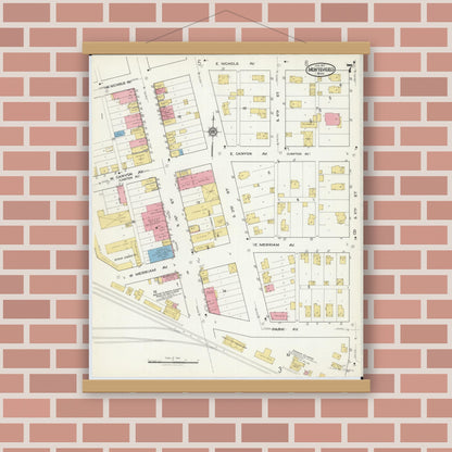 Old map wall art mockup — magnetic wood frame on brick wall — Sanborn Fire Insurance Map from Montevideo, Chippewa County, Minnesota (1917), Sheet #0007