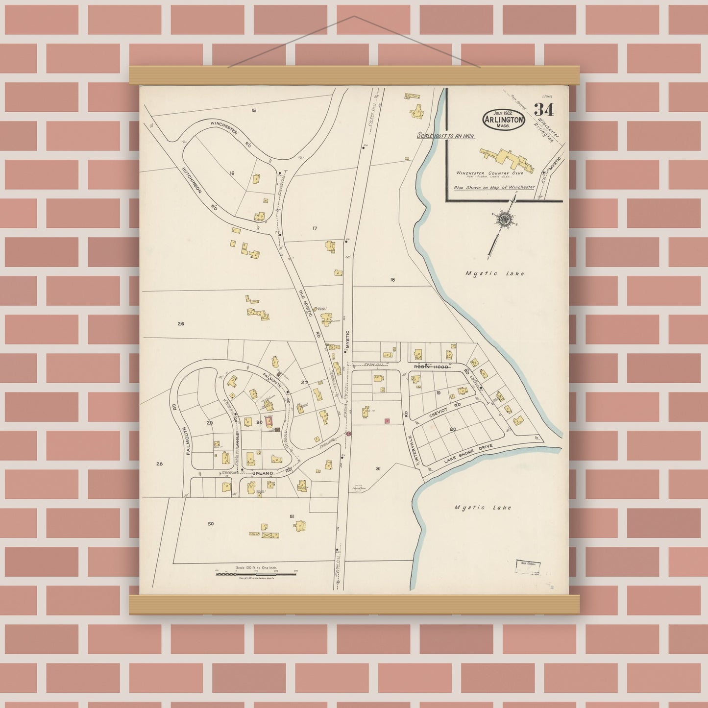 Old map wall art mockup — magnetic wood frame on brick wall — Sanborn Fire Insurance Map from Arlington, Middlesex County, Massachusetts (1922), Sheet #0034