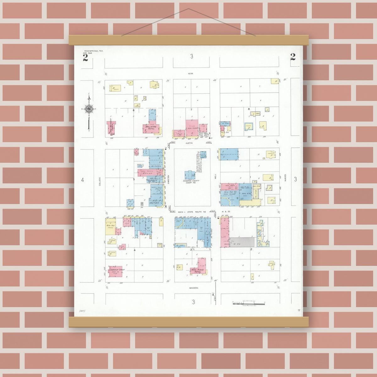 Old map wall art mockup — magnetic wood frame on brick wall — Sanborn Fire Insurance Map from Rocksprings, Edwards County, Texas (1948), Sheet #0002
