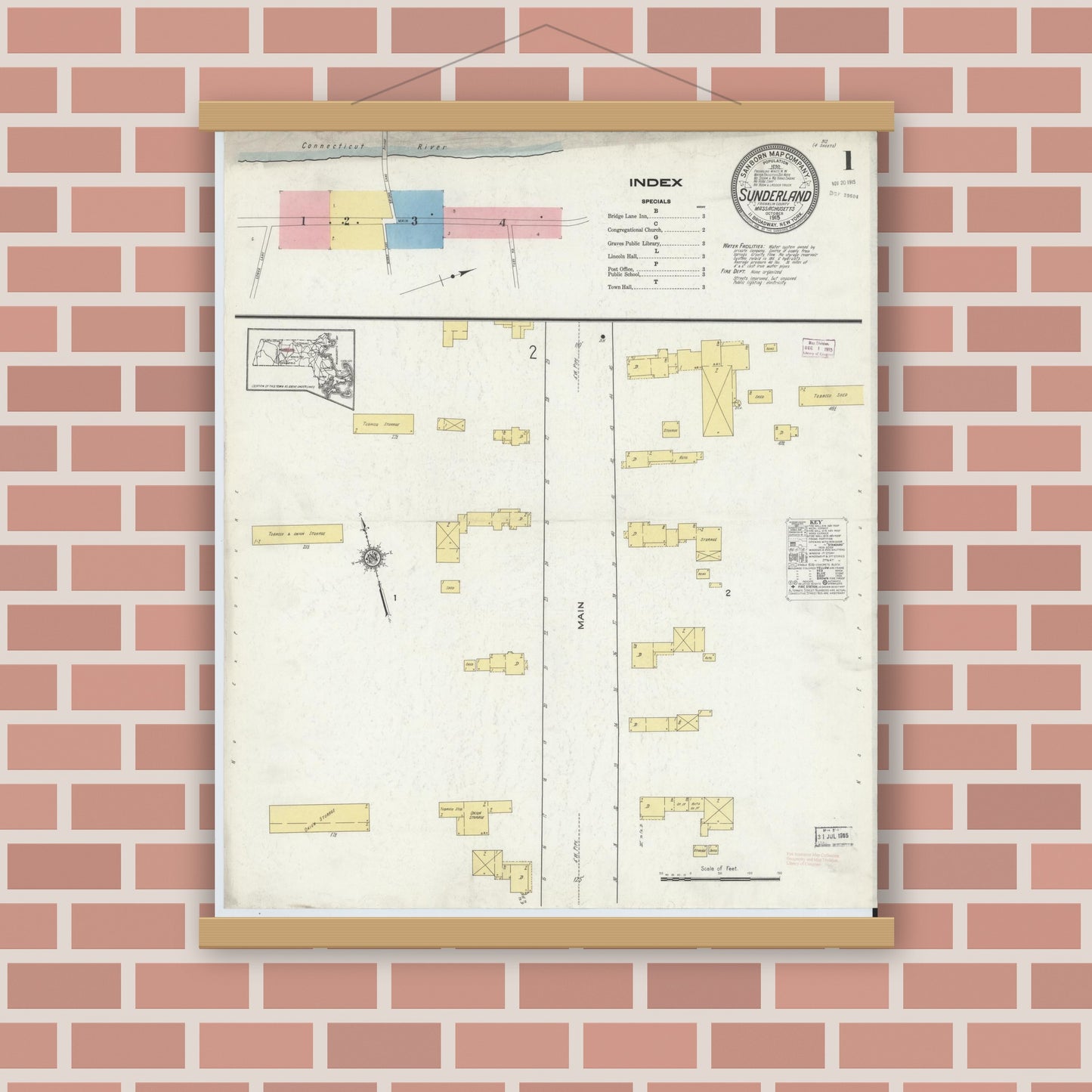 Old map wall art mockup — magnetic wood frame on brick wall — Sanborn Fire Insurance Map from Sunderland, Franklin County, Massachusetts (1915) - Complete Map Set