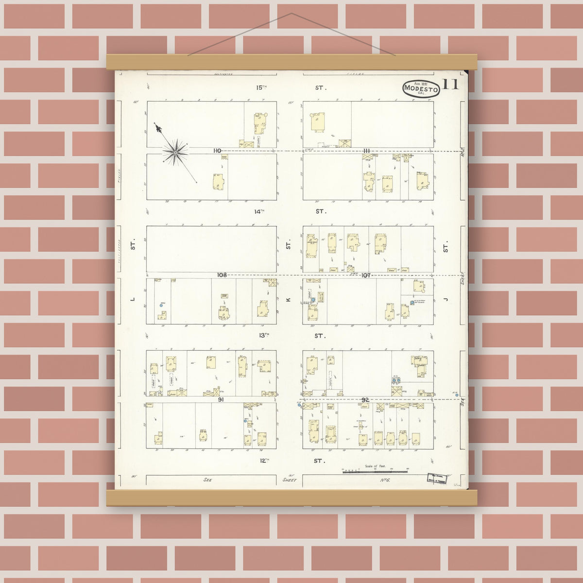 Old map wall art mockup — magnetic wood frame on brick wall — Sanborn Fire Insurance Map from Modesto, Stanislaus County, California (1891), Sheet #0011