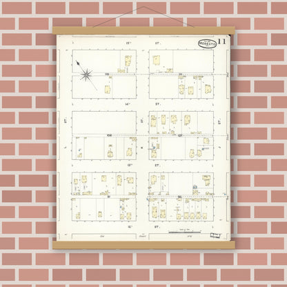 Old map wall art mockup — magnetic wood frame on brick wall — Sanborn Fire Insurance Map from Modesto, Stanislaus County, California (1891), Sheet #0011