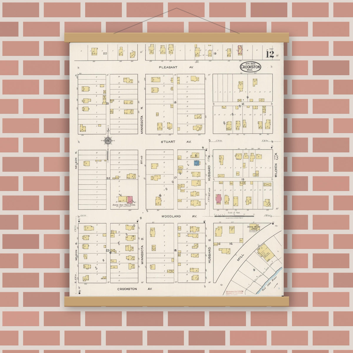 Old map wall art mockup — magnetic wood frame on brick wall — Sanborn Fire Insurance Map from Crookston, Polk County, Minnesota (1922), Sheet #0012