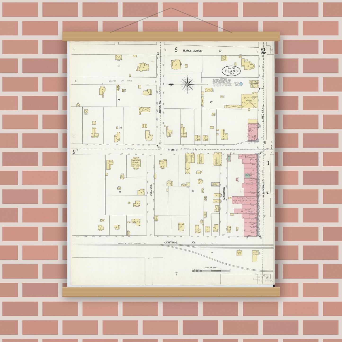 Old map wall art mockup — magnetic wood frame on brick wall — Sanborn Fire Insurance Map from Plano, Collin County, Texas (1907), Sheet #0002
