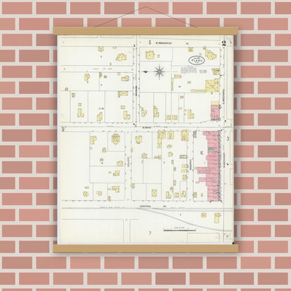 Old map wall art mockup — magnetic wood frame on brick wall — Sanborn Fire Insurance Map from Plano, Collin County, Texas (1907), Sheet #0002