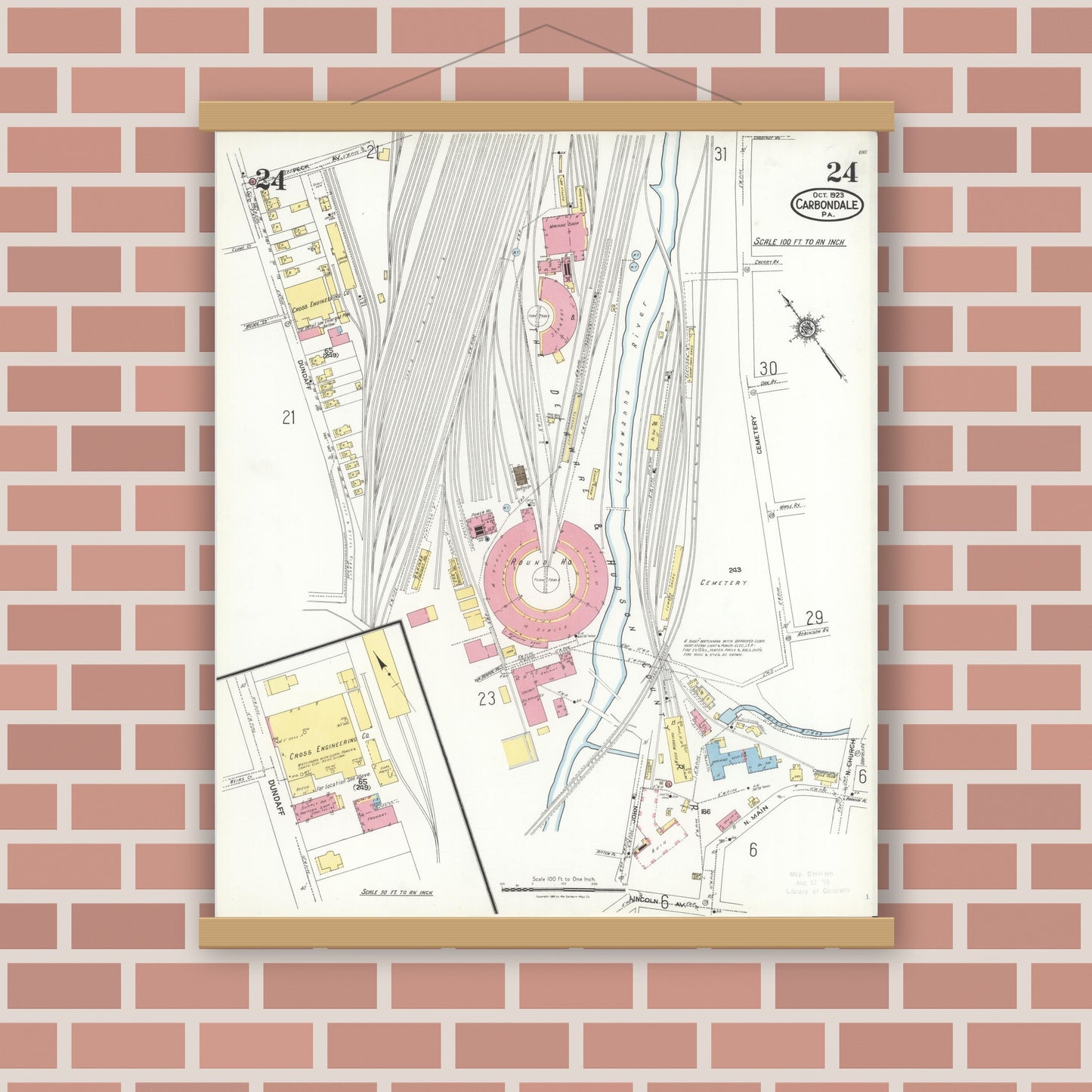 Old map wall art mockup — magnetic wood frame on brick wall — Sanborn Fire Insurance Map from Carbondale, Lackawanna County, Pennsylvania (1923), Sheet #0024