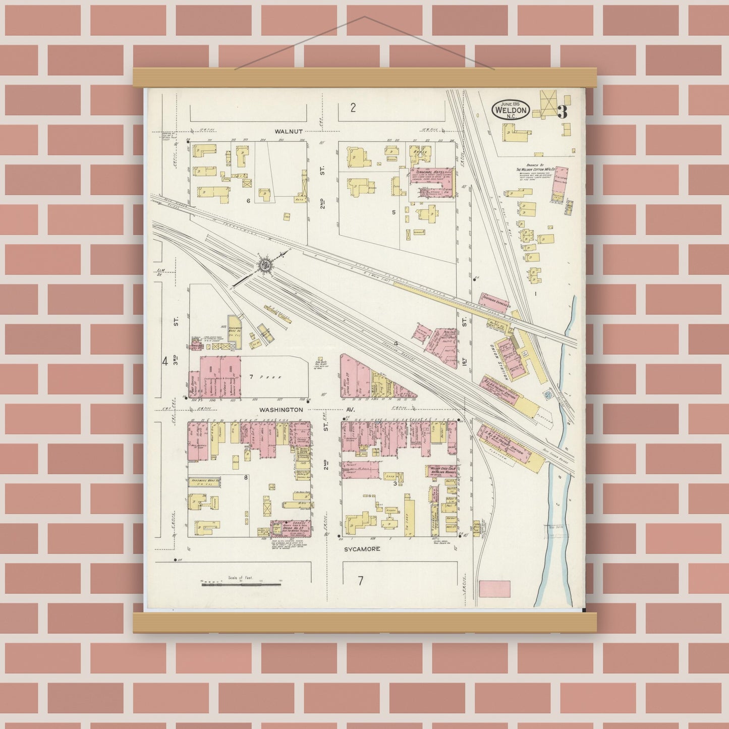 Old map wall art mockup — magnetic wood frame on brick wall — Sanborn Fire Insurance Map from Weldon, Halifax County, North Carolina (1915), Sheet #0003