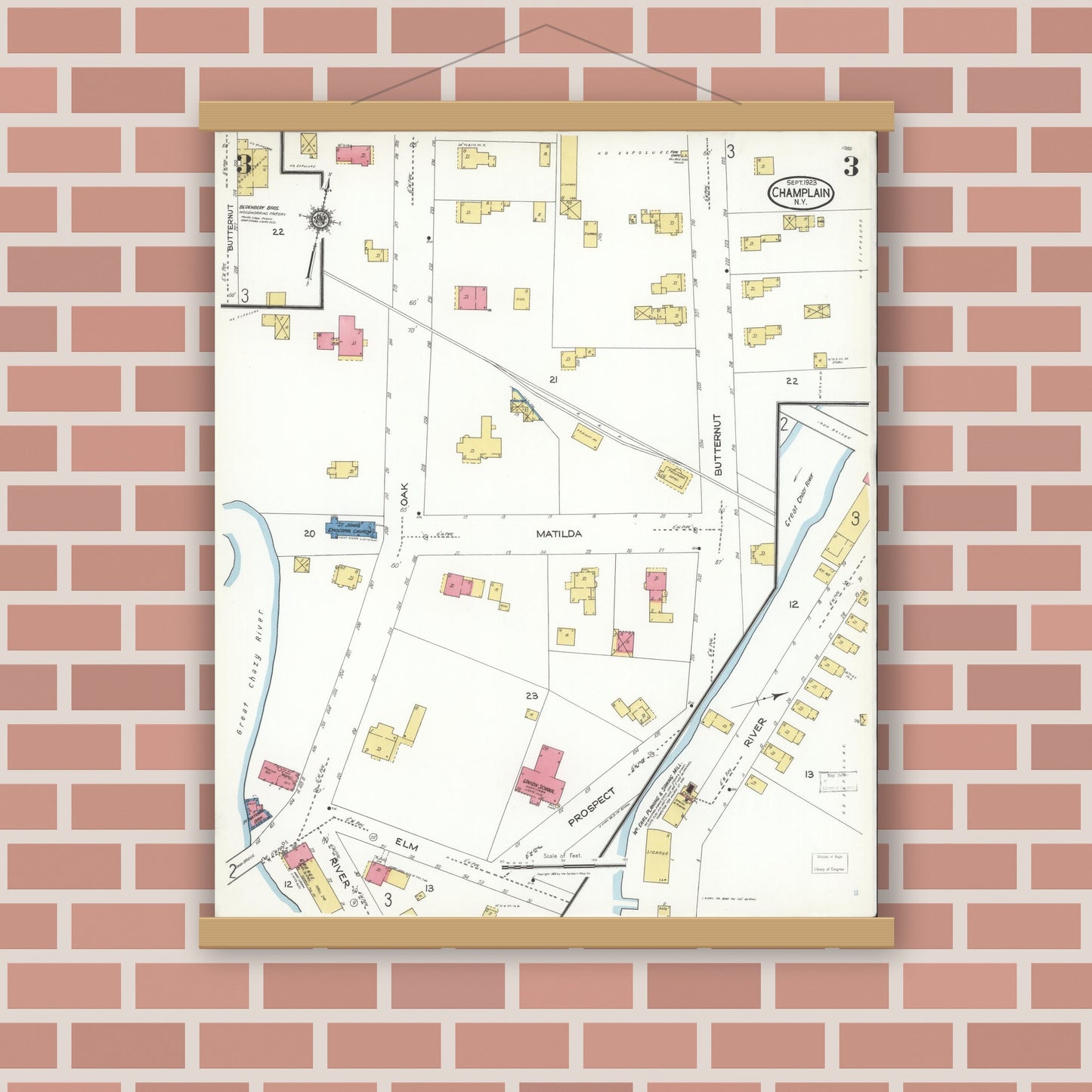 Old map wall art mockup — magnetic wood frame on brick wall — Sanborn Fire Insurance Map from Champlain, Clinton County, New York (1923), Sheet #0003