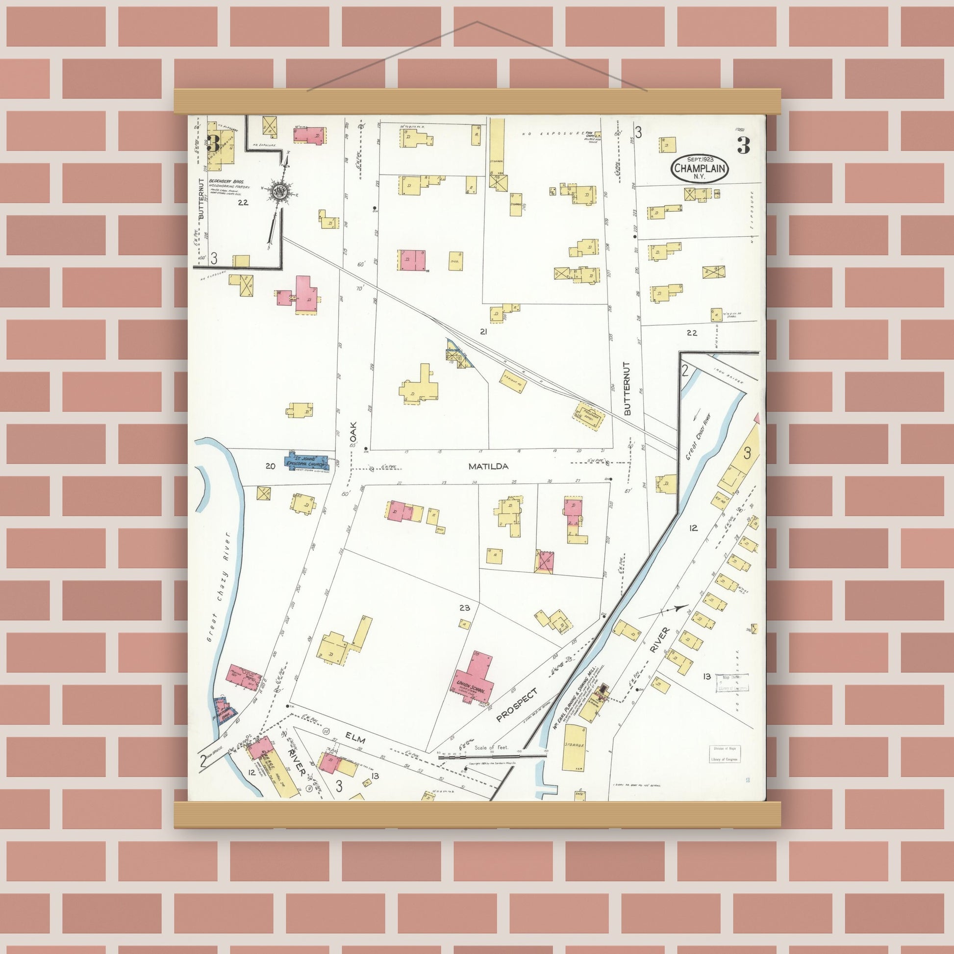 Old map wall art mockup — magnetic wood frame on brick wall — Sanborn Fire Insurance Map from Champlain, Clinton County, New York (1923), Sheet #0003