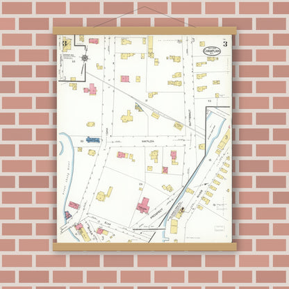Old map wall art mockup — magnetic wood frame on brick wall — Sanborn Fire Insurance Map from Champlain, Clinton County, New York (1923), Sheet #0003