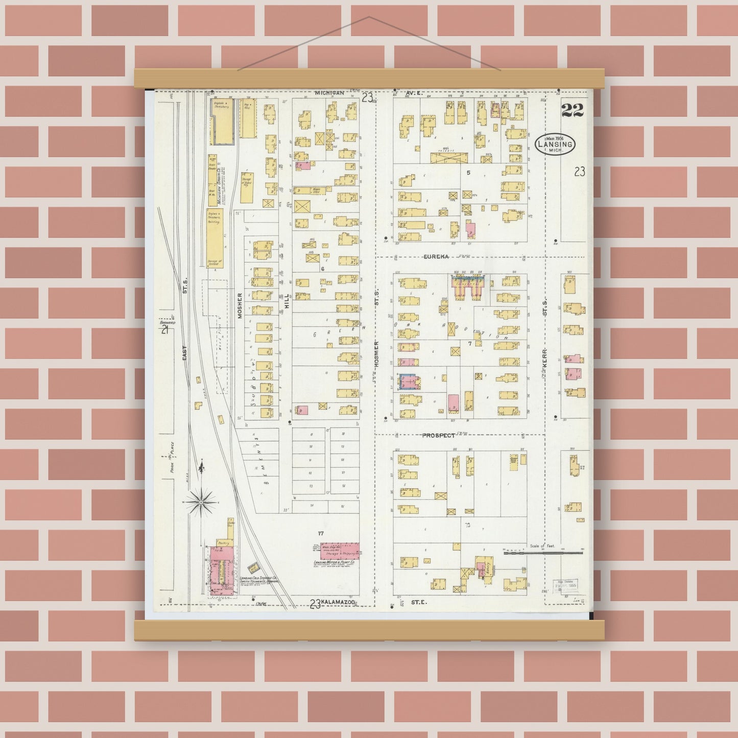 Old map wall art mockup — magnetic wood frame on brick wall — Sanborn Fire Insurance Map from Lansing, Ingham County, Michigan (1906), Sheet #0022