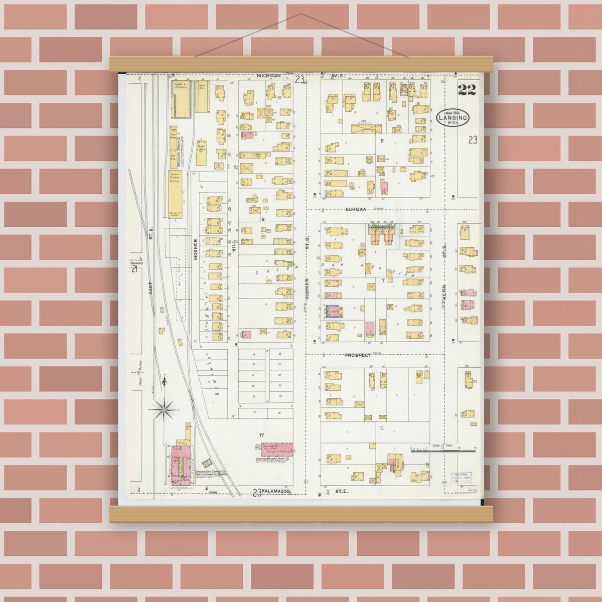 Old map wall art mockup — magnetic wood frame on brick wall — Sanborn Fire Insurance Map from Lansing, Ingham County, Michigan (1906), Sheet #0022