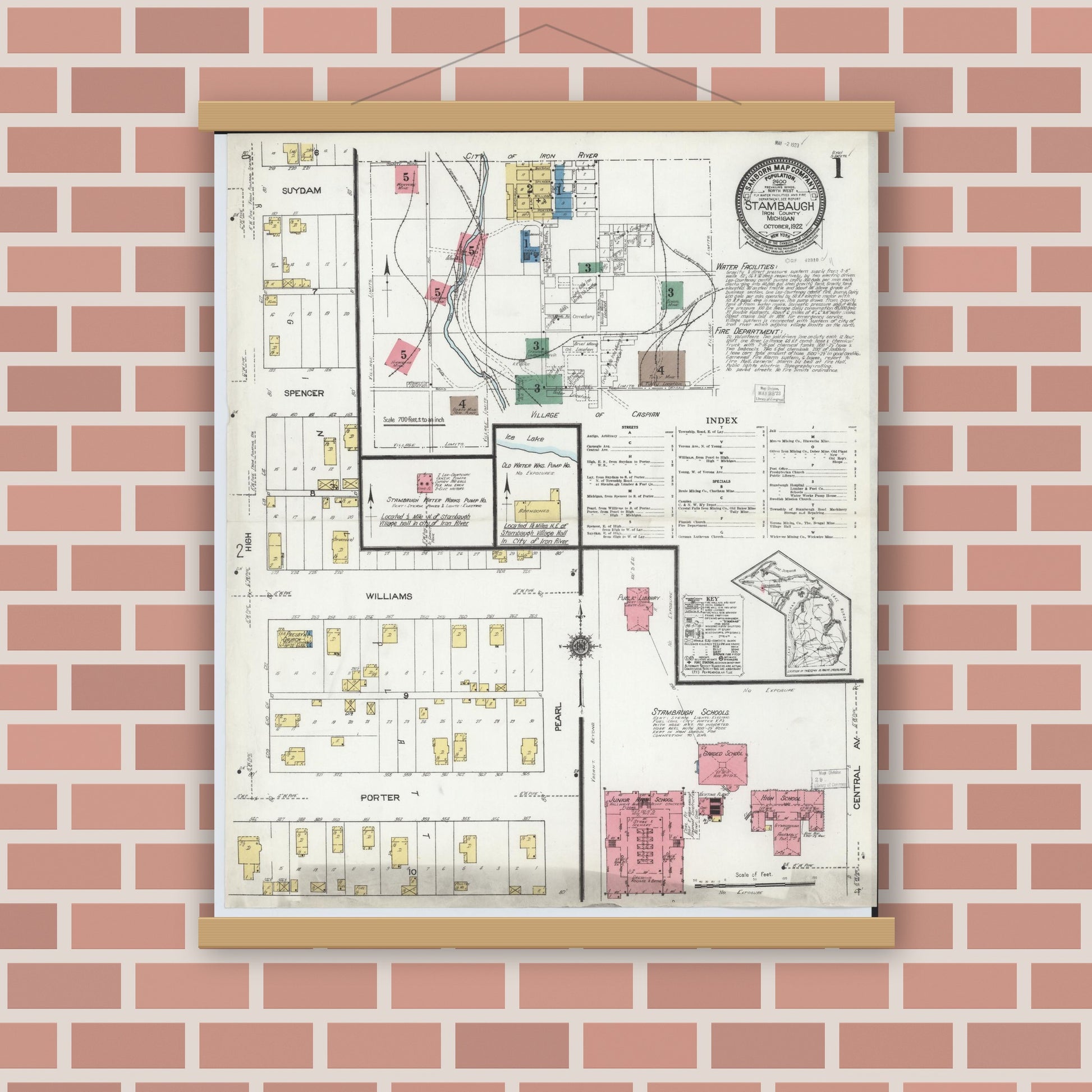 Old map wall art mockup — magnetic wood frame on brick wall — Sanborn Fire Insurance Map from Stambaugh, Iron County, Michigan (1922), Sheet #0001