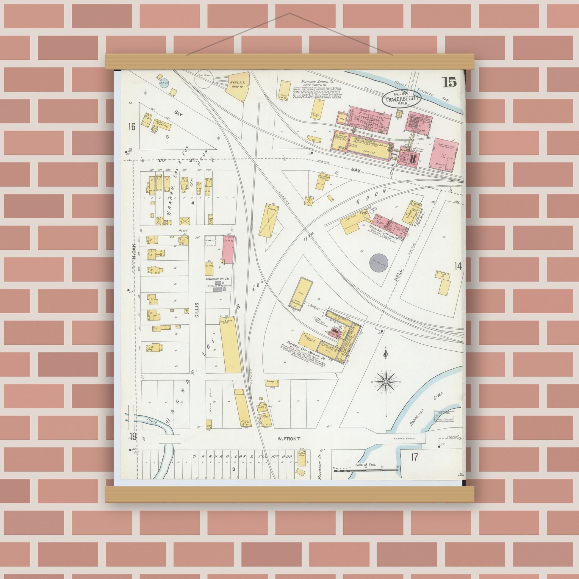 Old map wall art mockup — magnetic wood frame on brick wall — Sanborn Fire Insurance Map from Traverse City, Grand Traverse County, Michigan (1904), Sheet #0015