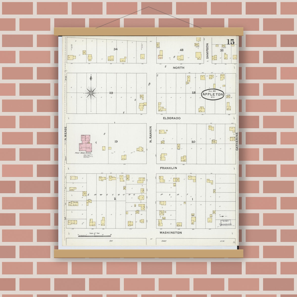 Old map wall art mockup — magnetic wood frame on brick wall — Sanborn Fire Insurance Map from Appleton, Outagamie County, Wisconsin (1891), Sheet #0015