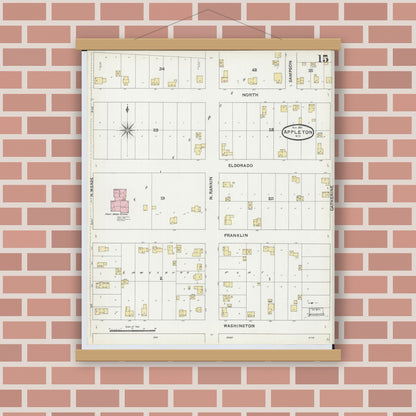 Old map wall art mockup — magnetic wood frame on brick wall — Sanborn Fire Insurance Map from Appleton, Outagamie County, Wisconsin (1891), Sheet #0015