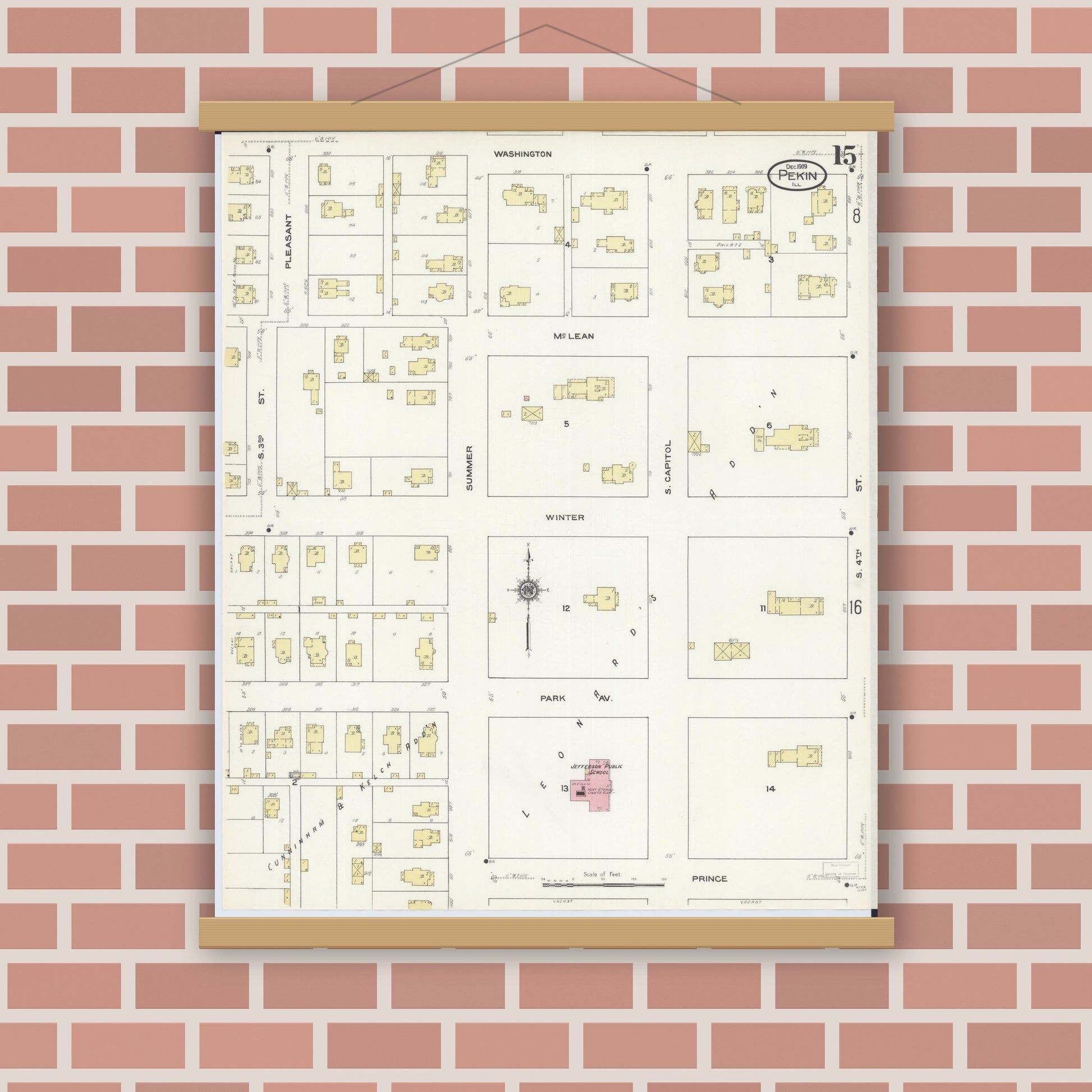 Old map wall art mockup — magnetic wood frame on brick wall — Sanborn Fire Insurance Map from Pekin, Tazewell County, Illinois (1909), Sheet #0015