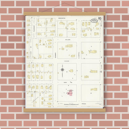 Old map wall art mockup — magnetic wood frame on brick wall — Sanborn Fire Insurance Map from Pekin, Tazewell County, Illinois (1909), Sheet #0015