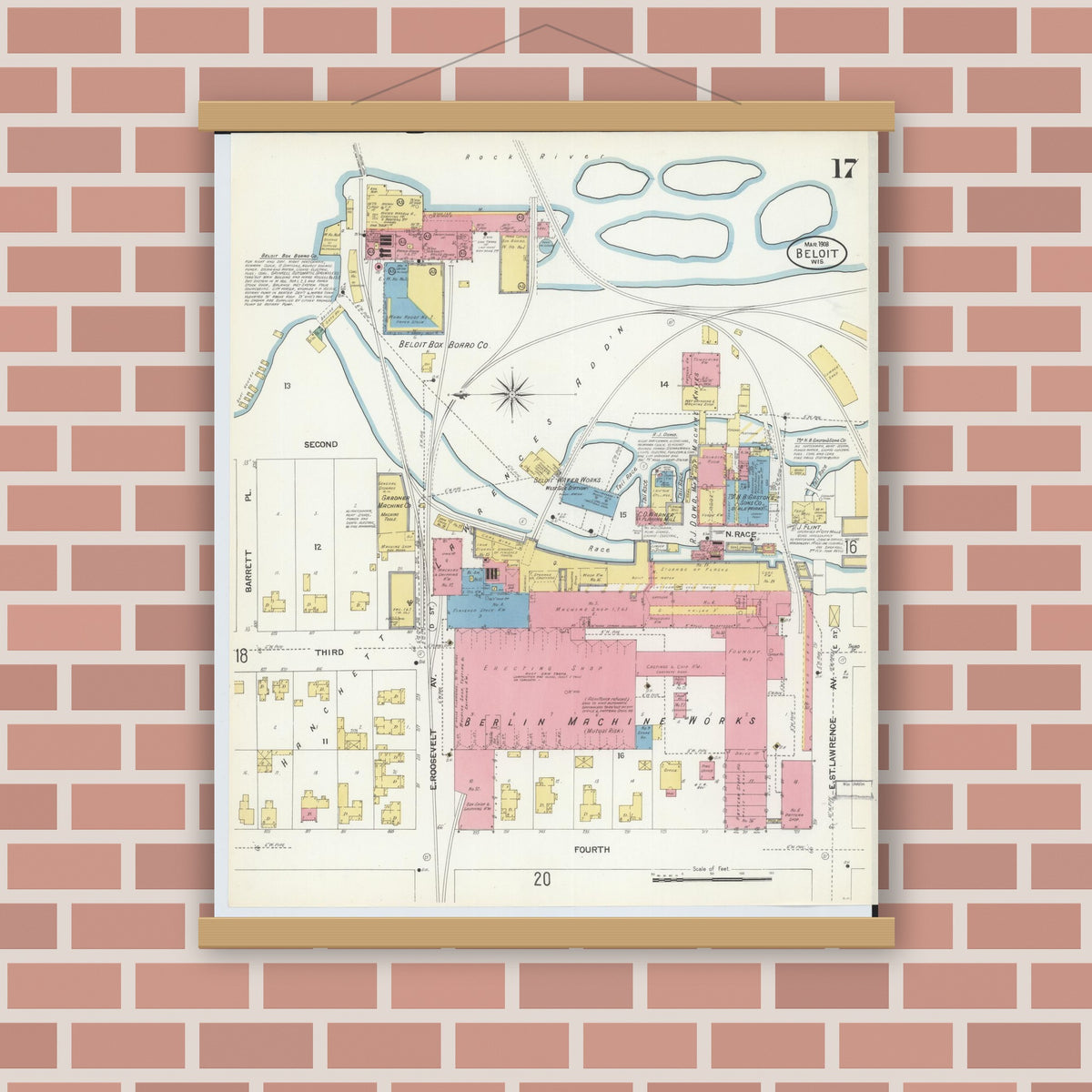 Old map wall art mockup — magnetic wood frame on brick wall — Sanborn Fire Insurance Map from Beloit, Rock County, Wisconsin (1908), Sheet #0017