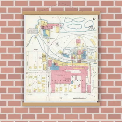 Old map wall art mockup — magnetic wood frame on brick wall — Sanborn Fire Insurance Map from Beloit, Rock County, Wisconsin (1908), Sheet #0017