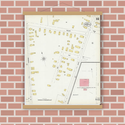 Old map wall art mockup — magnetic wood frame on brick wall — Sanborn Fire Insurance Map from Greenfield, Franklin County, Massachusetts (1902), Sheet #0012