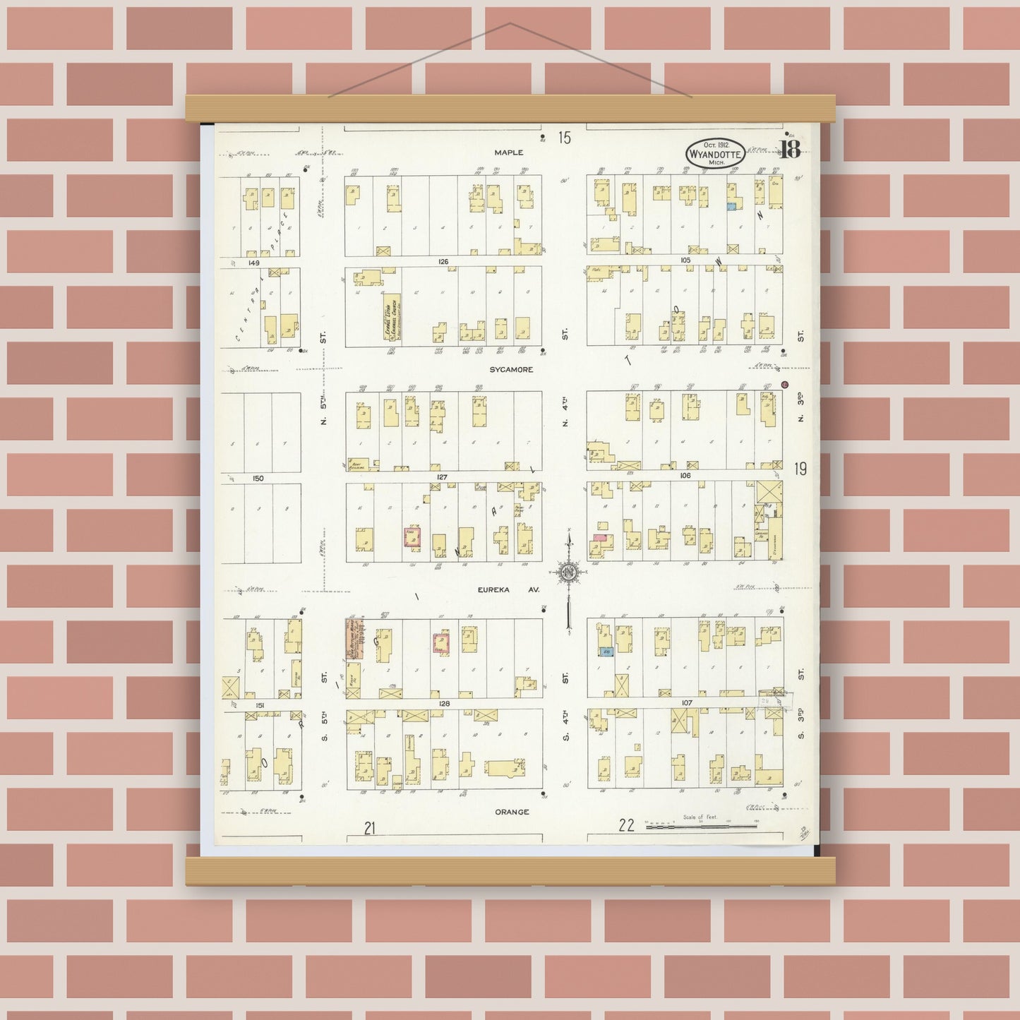 Old map wall art mockup — magnetic wood frame on brick wall — Sanborn Fire Insurance Map from Wyandotte, Wayne County, Michigan (1912), Sheet #0018