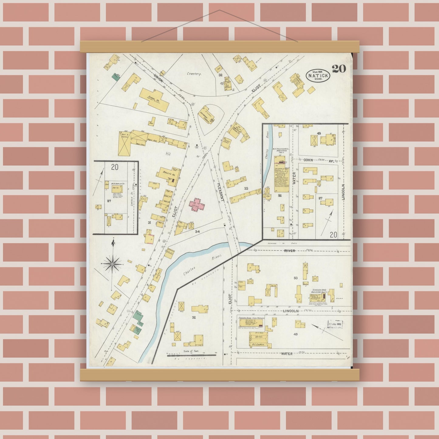 Old map wall art mockup — magnetic wood frame on brick wall — Sanborn Fire Insurance Map from Natick, Middlesex County, Massachusetts (1904), Sheet #0020
