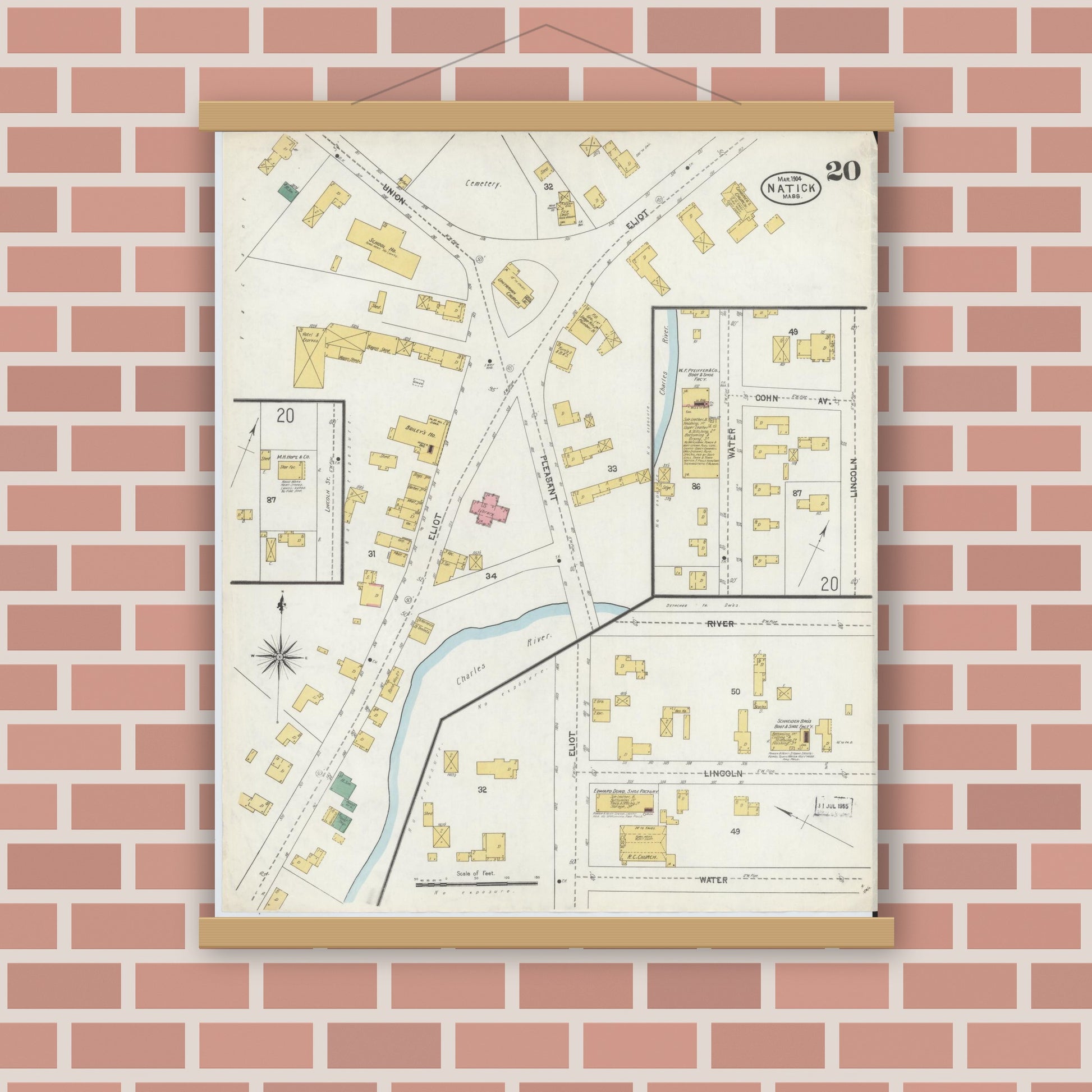 Old map wall art mockup — magnetic wood frame on brick wall — Sanborn Fire Insurance Map from Natick, Middlesex County, Massachusetts (1904), Sheet #0020