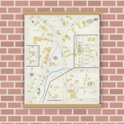 Old map wall art mockup — magnetic wood frame on brick wall — Sanborn Fire Insurance Map from Natick, Middlesex County, Massachusetts (1904), Sheet #0020