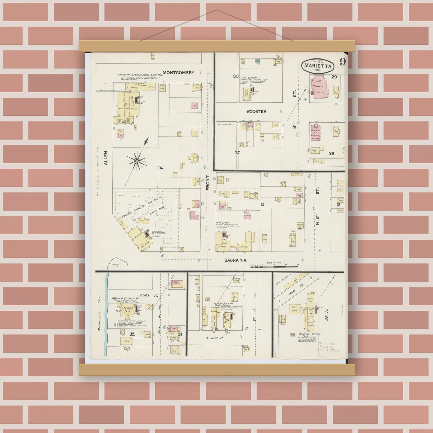 Old map wall art mockup — magnetic wood frame on brick wall — Sanborn Fire Insurance Map from Marietta, Washington County, Ohio (1890), Sheet #0009