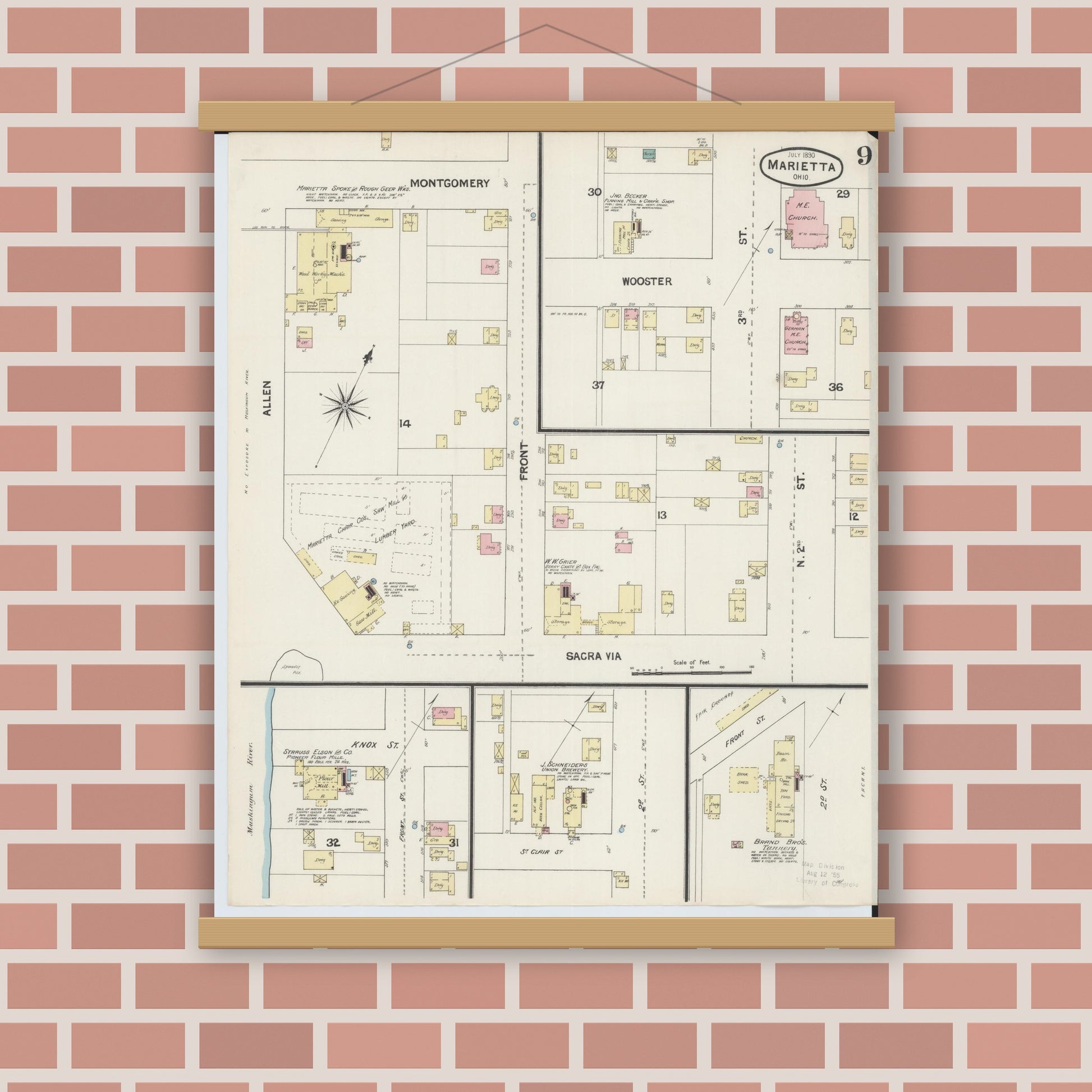 Old map wall art mockup — magnetic wood frame on brick wall — Sanborn Fire Insurance Map from Marietta, Washington County, Ohio (1890), Sheet #0009
