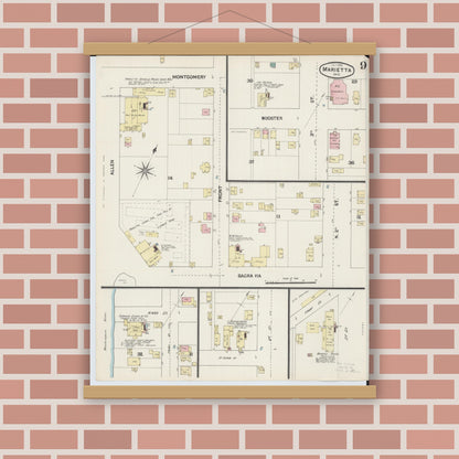 Old map wall art mockup — magnetic wood frame on brick wall — Sanborn Fire Insurance Map from Marietta, Washington County, Ohio (1890), Sheet #0009