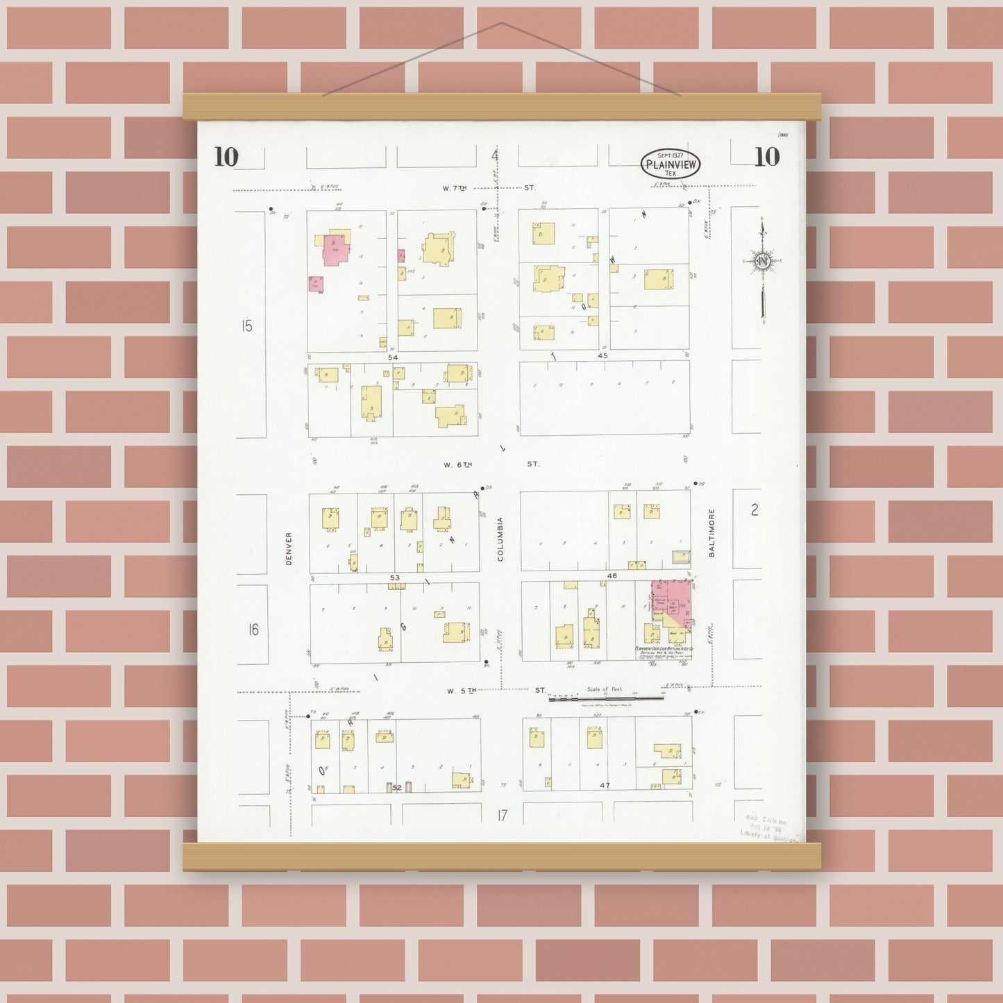 Old map wall art mockup — magnetic wood frame on brick wall — Sanborn Fire Insurance Map from Plainview, Hale County, Texas (1927), Sheet #0010
