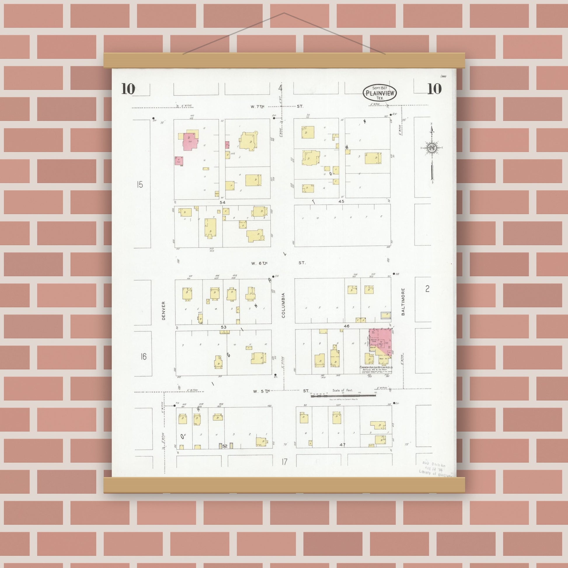 Old map wall art mockup — magnetic wood frame on brick wall — Sanborn Fire Insurance Map from Plainview, Hale County, Texas (1927), Sheet #0010