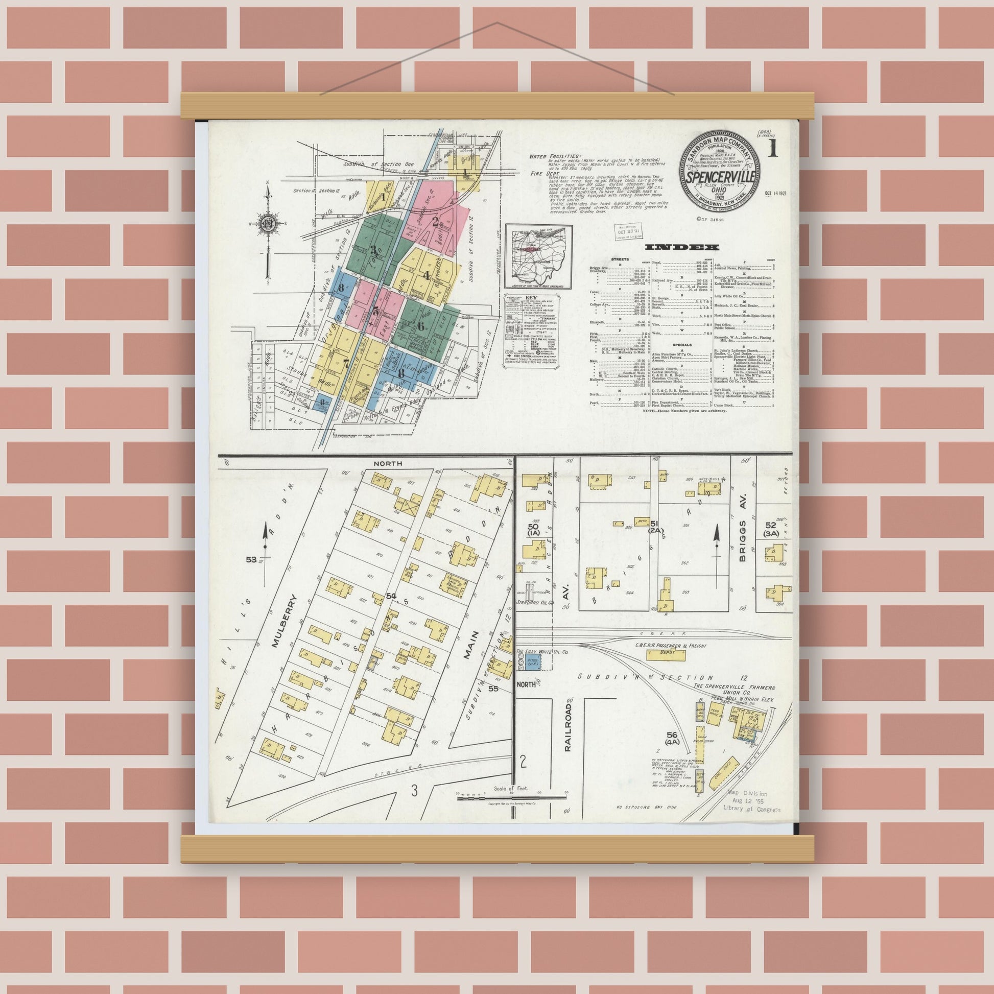 Old map wall art mockup — magnetic wood frame on brick wall — Sanborn Fire Insurance Map from Spencerville, Allen County, Ohio (1921), Sheet #0001