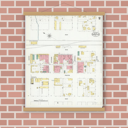 Old map wall art mockup — magnetic wood frame on brick wall — Sanborn Fire Insurance Map from Van Alstyne, Grayson County, Texas (1901), Sheet #0002