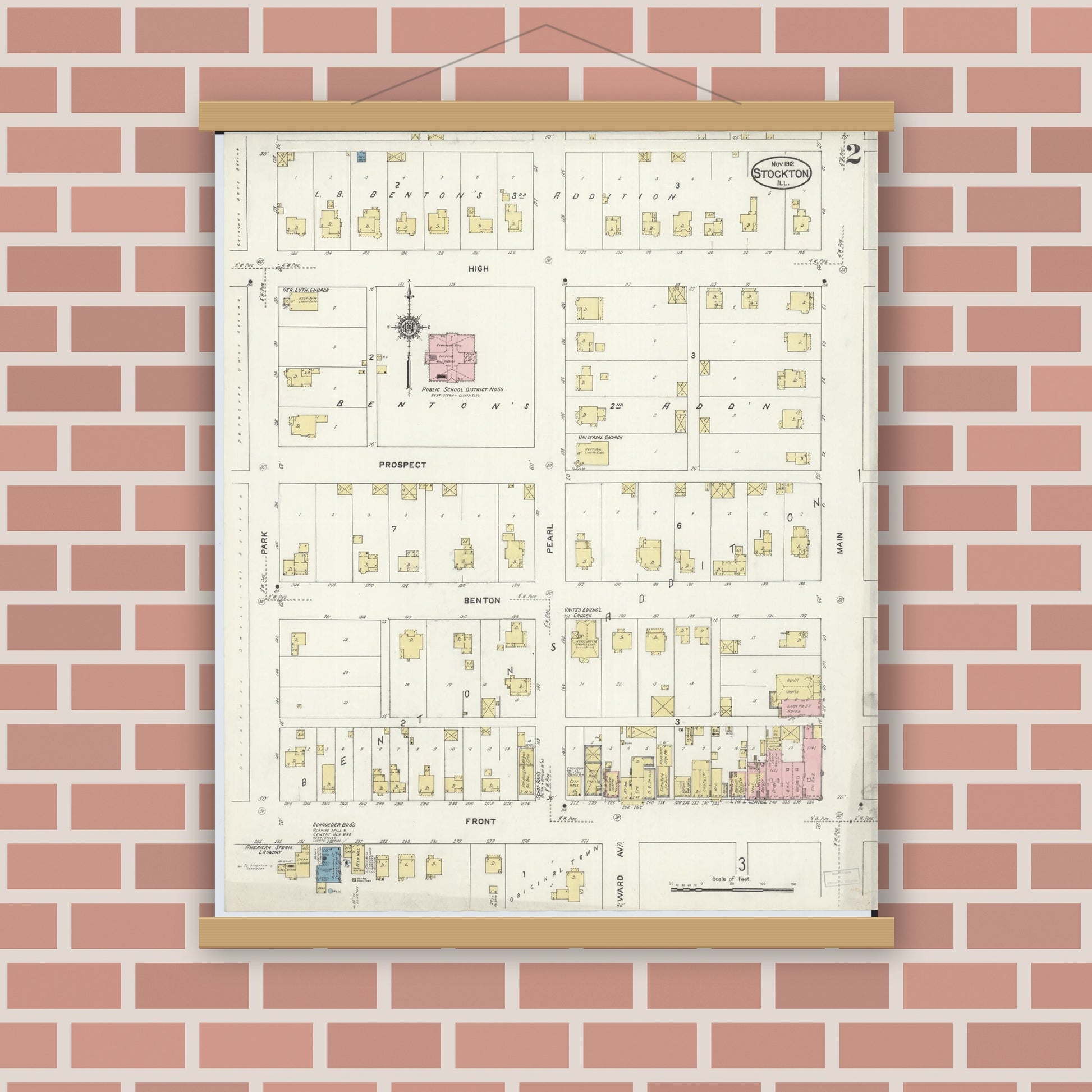 Old map wall art mockup — magnetic wood frame on brick wall — Sanborn Fire Insurance Map from Stockton, Jo Daviess County, Illinois (1912), Sheet #0002