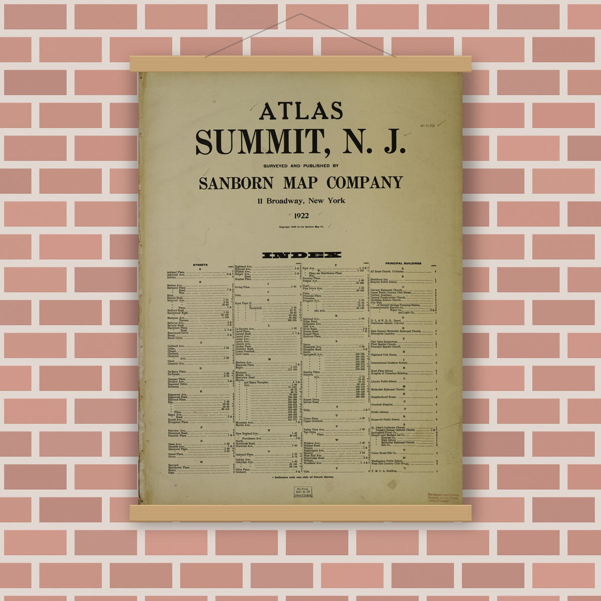Old map wall art mockup — magnetic wood frame on brick wall — Sanborn Fire Insurance Map from Summit, Union County, New Jersey (1922), Sheet #0001