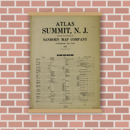 Old map wall art mockup — magnetic wood frame on brick wall — Sanborn Fire Insurance Map from Summit, Union County, New Jersey (1922), Sheet #0001