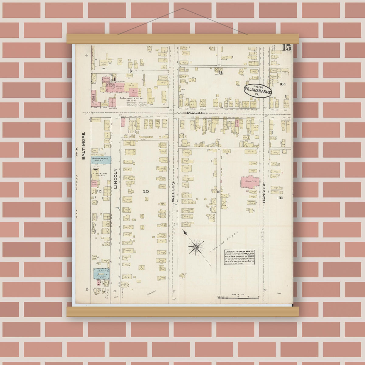 Old map wall art mockup — magnetic wood frame on brick wall — Sanborn Fire Insurance Map from Wilkes Barre, Luzerne County, Pennsylvania (1884), Sheet #0015
