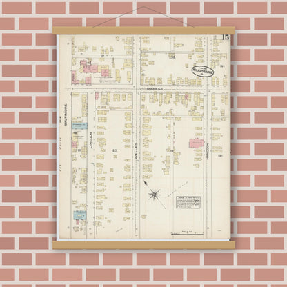 Old map wall art mockup — magnetic wood frame on brick wall — Sanborn Fire Insurance Map from Wilkes Barre, Luzerne County, Pennsylvania (1884), Sheet #0015
