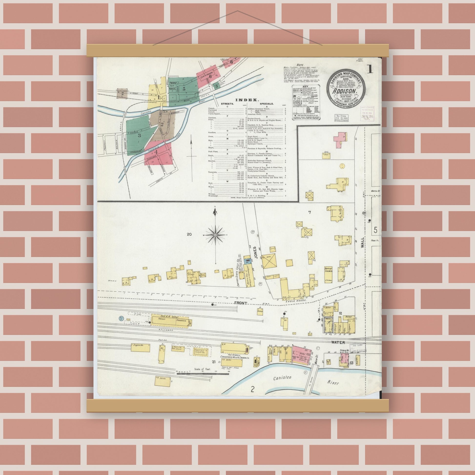 Old map wall art mockup — magnetic wood frame on brick wall — Sanborn Fire Insurance Map from Addison, Steuben County, New York (1903), Sheet #0001