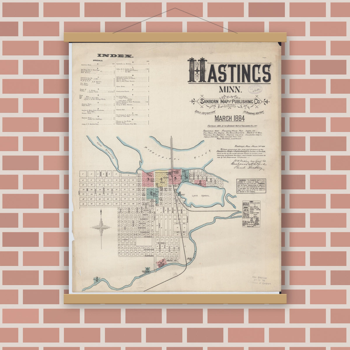 Old map wall art mockup — magnetic wood frame on brick wall — Sanborn Fire Insurance Map from Hastings, Dakota County, Minnesota (1884) - Complete Map Set