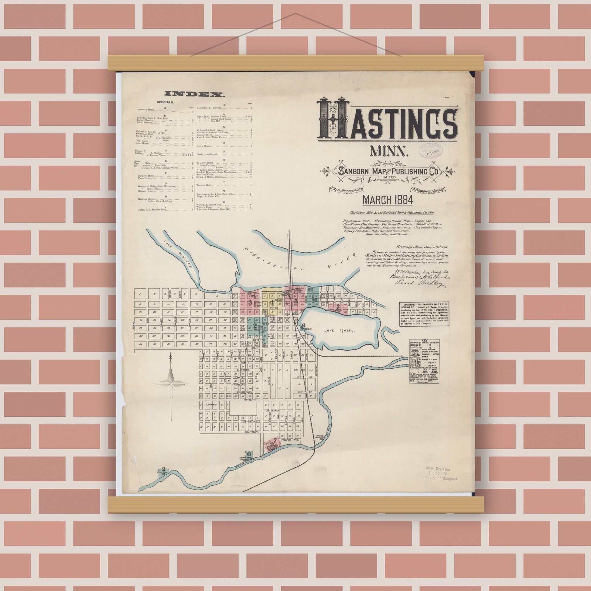 Old map wall art mockup — magnetic wood frame on brick wall — Sanborn Fire Insurance Map from Hastings, Dakota County, Minnesota (1884) - Complete Map Set