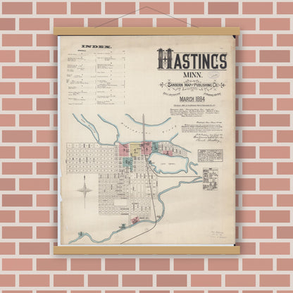 Old map wall art mockup — magnetic wood frame on brick wall — Sanborn Fire Insurance Map from Hastings, Dakota County, Minnesota (1884) - Complete Map Set