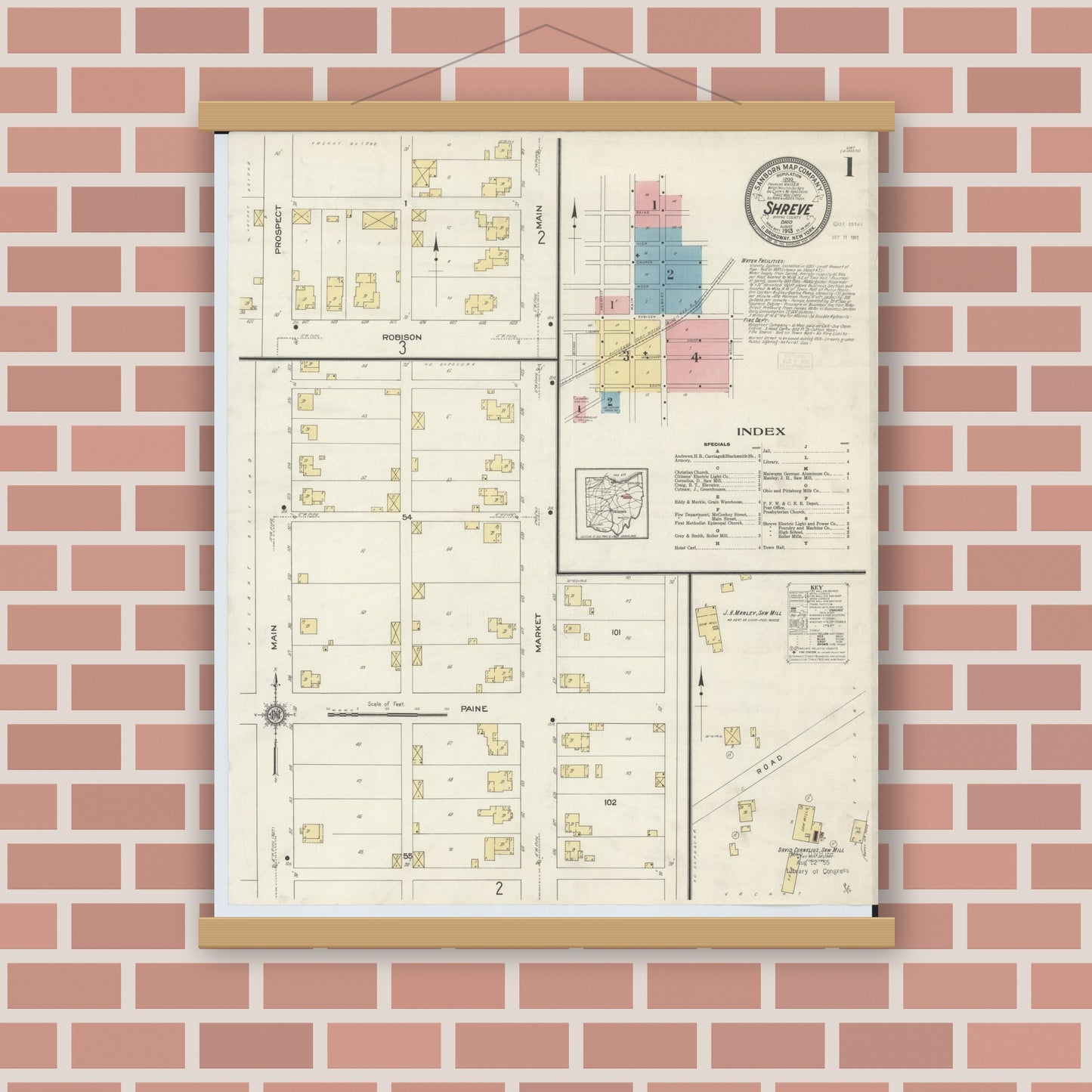 Old map wall art mockup — magnetic wood frame on brick wall — Sanborn Fire Insurance Map from Shreve, Wayne County, Ohio (1913), Sheet #0001