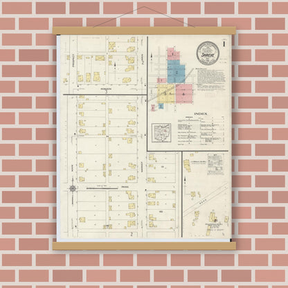 Old map wall art mockup — magnetic wood frame on brick wall — Sanborn Fire Insurance Map from Shreve, Wayne County, Ohio (1913), Sheet #0001