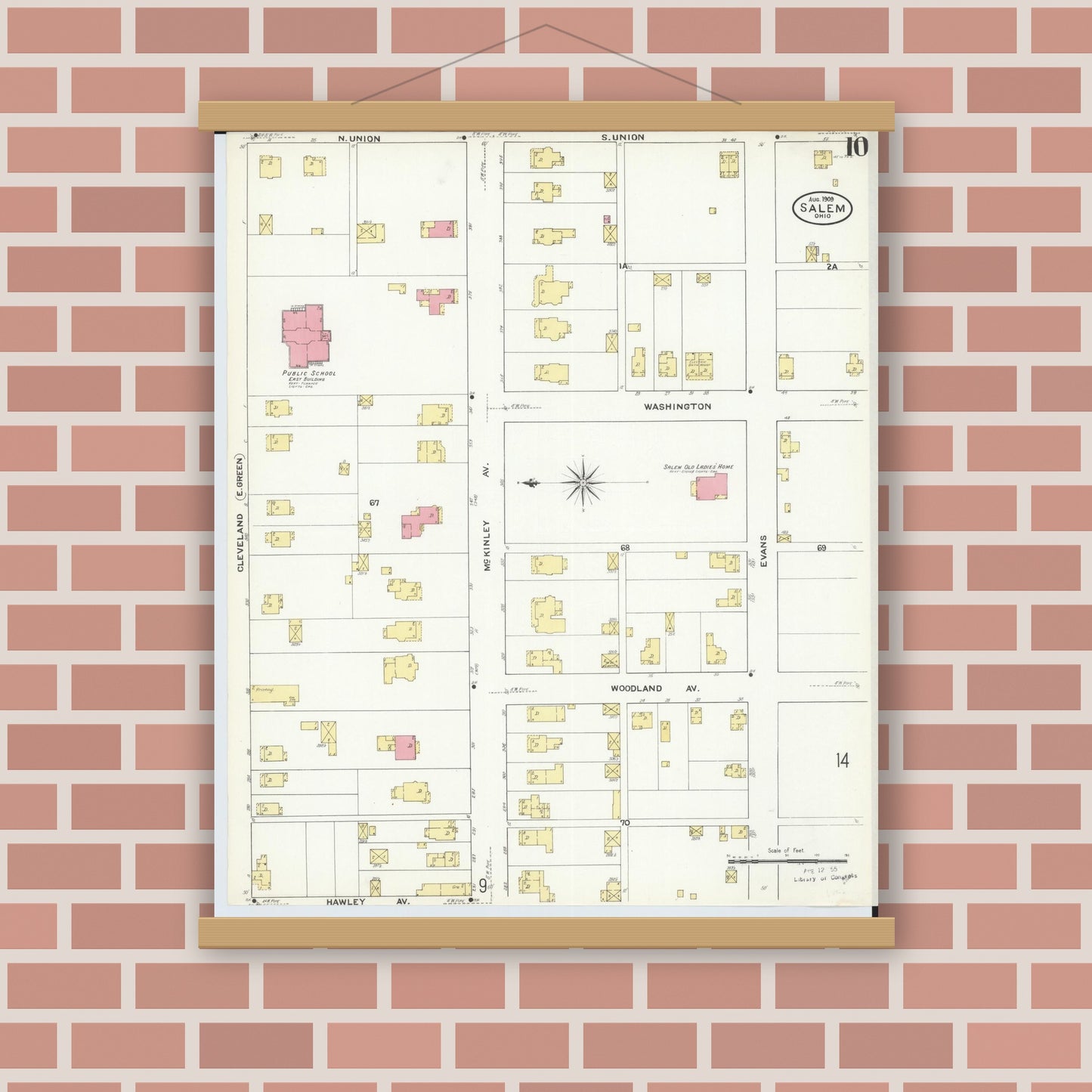 Old map wall art mockup — magnetic wood frame on brick wall — Sanborn Fire Insurance Map from Salem, Columbiana County, Ohio (1909), Sheet #0010
