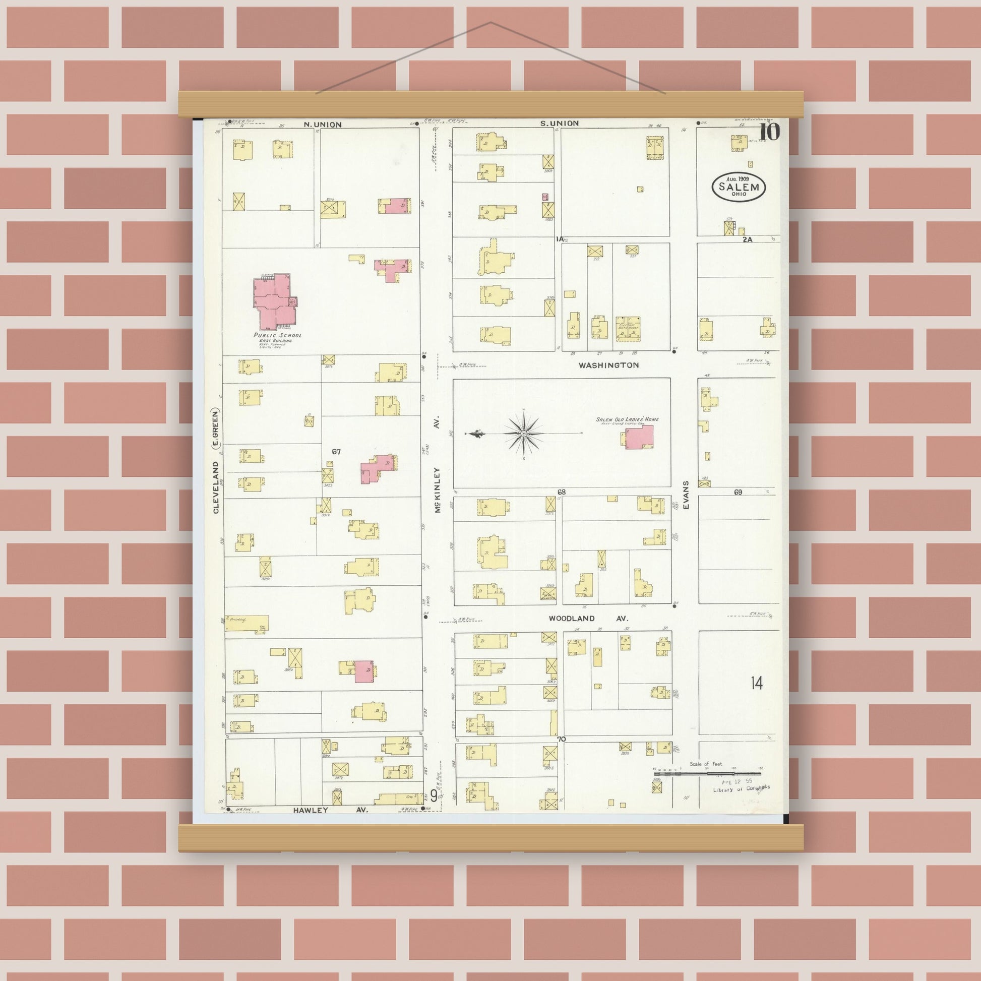 Old map wall art mockup — magnetic wood frame on brick wall — Sanborn Fire Insurance Map from Salem, Columbiana County, Ohio (1909), Sheet #0010