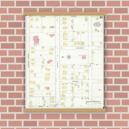 Old map wall art mockup — magnetic wood frame on brick wall — Sanborn Fire Insurance Map from Salem, Columbiana County, Ohio (1909), Sheet #0010